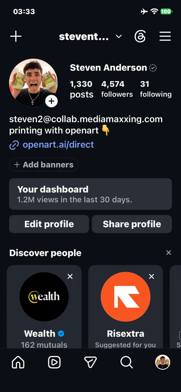Instagram profile showing 4,574 followers and the OpenArt bio and link.